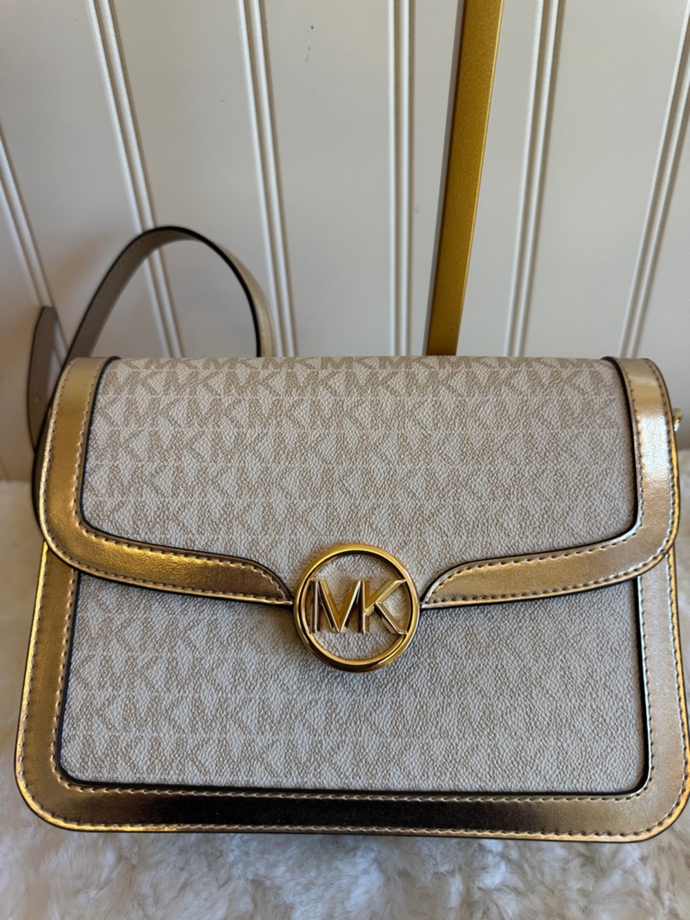 Michael Kors Beige and Gold Logo Crossbody Bag